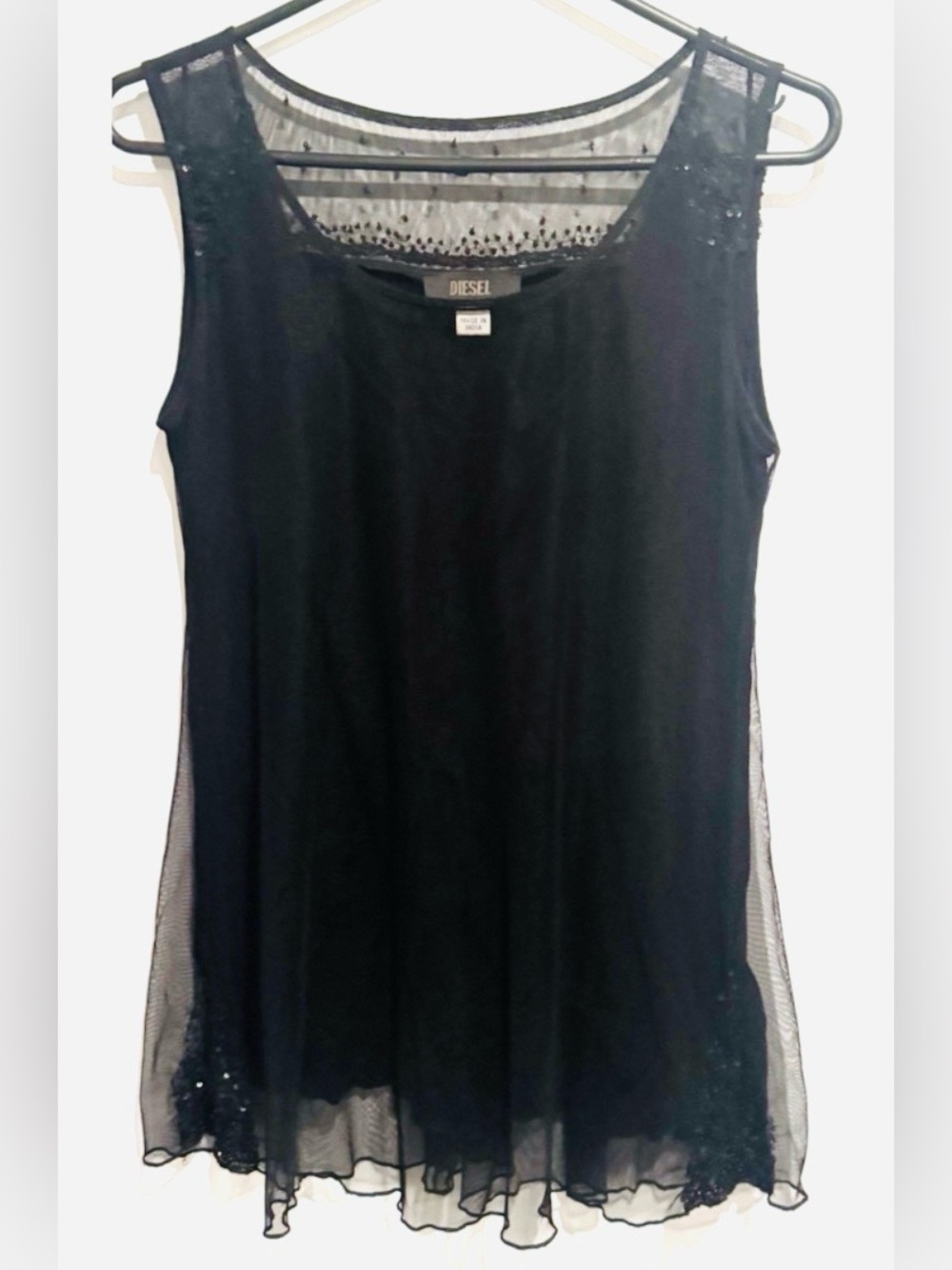 Diesel Y2K Sequin Mesh Tunic cami Black Layered vintage party going out street S